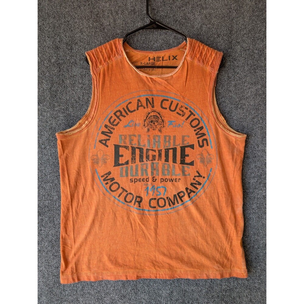 Helix Mens XL Muscle Tee Orange Biker Graphic Tank Top Moto Streetwear Gorpcore